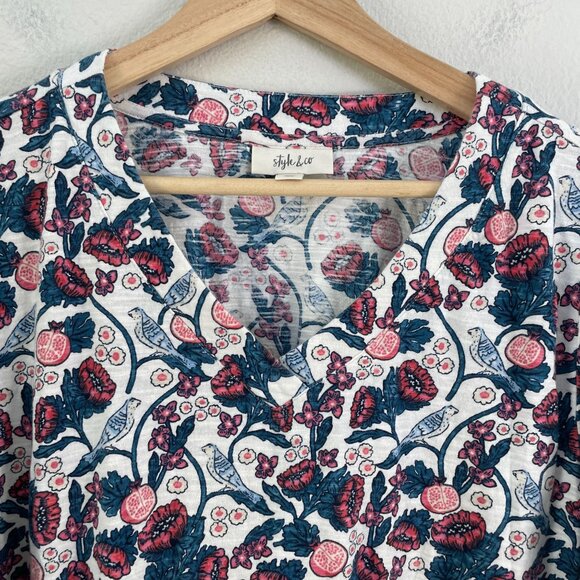 Style & Co Womens Plus XXL Floral Tunic Top 3/4 Sleeves Floral Pomegranate Bird - Picture 7 of 10